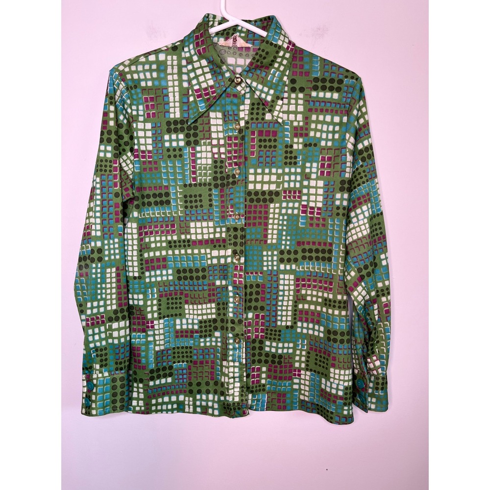 1970s Montgomery Ward Green Purple Blue Polka Dots Squares Disco Dagger Shirt L